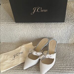 NWT J. Crew Cream Pointed-Toe Bow Mules with gorgeous sparkly blue heels